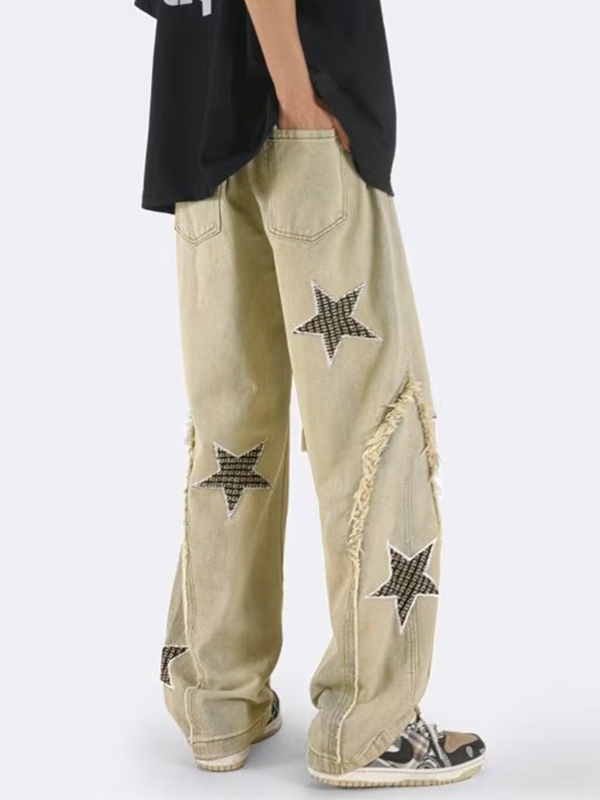 Men's Star Embroidery Patchwork Loose Jean-1