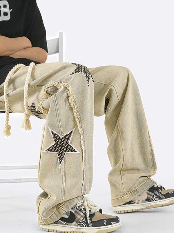 Men's Star Embroidery Patchwork Loose Jean-3