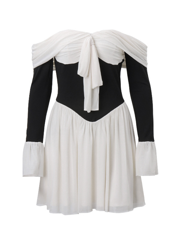 Off Shoulder Corset Splice Flare Sleeve Mini Dress-1