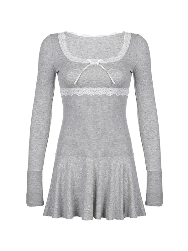 Lace Splice Bow Decor Square Neck Mini Dress-3