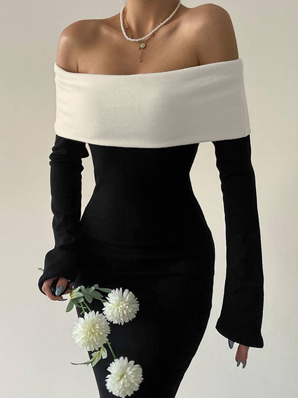 Contrast Color Trim Off Shoulder Long Sleeve Maxi Dress-1