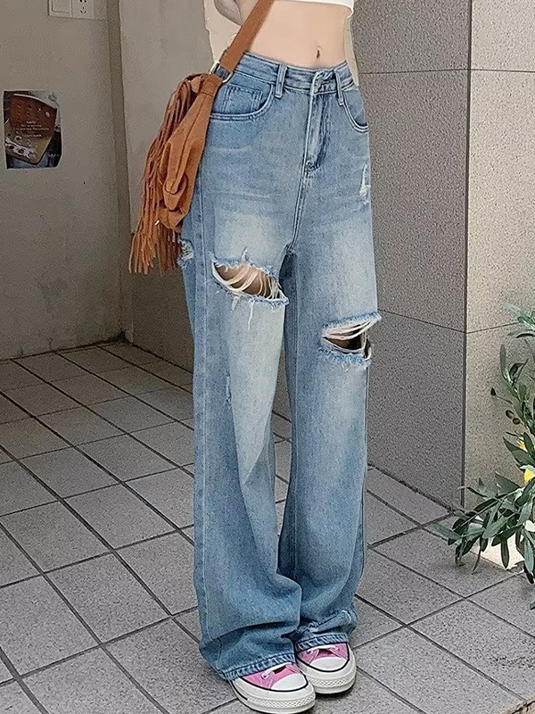 Vintage Wash Loose Ripped Jeans-2