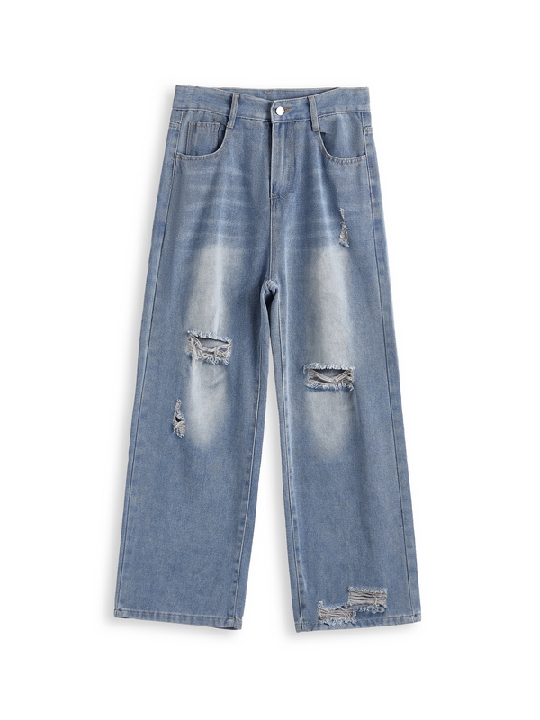Vintage Wash Loose Ripped Jeans-4