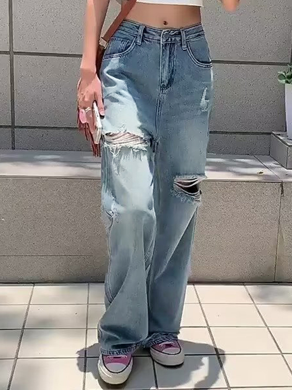 Vintage Wash Loose Ripped Jeans-1