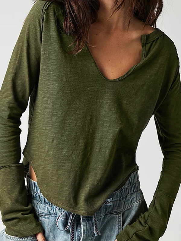 Solid Notch Neck Long Sleeve Tee-1