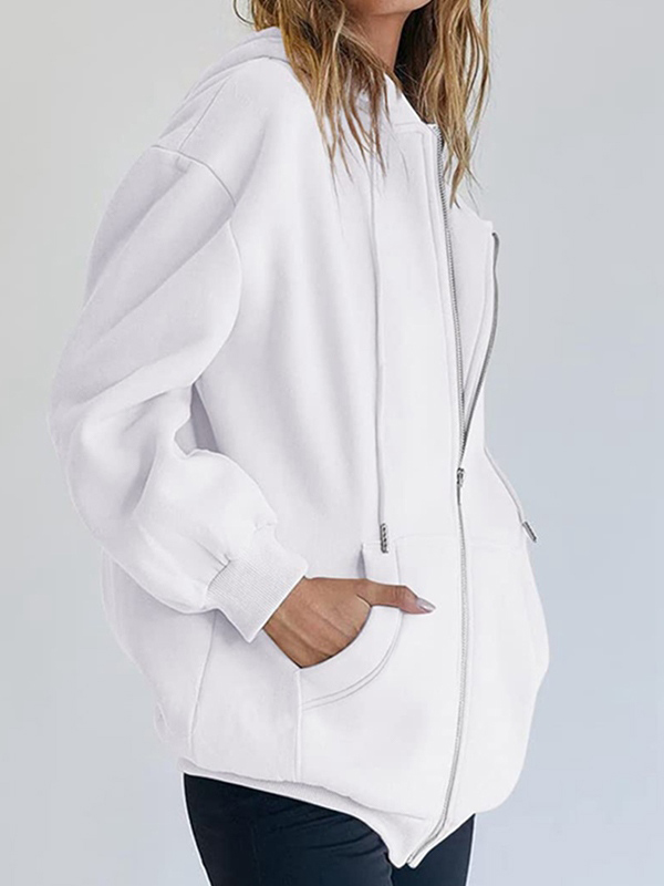 Solid Drawstring Zip Up Oversized Hoodie-2