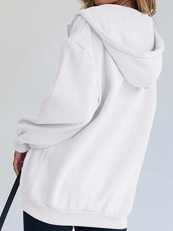 Solid Drawstring Zip Up Oversized Hoodie-3
