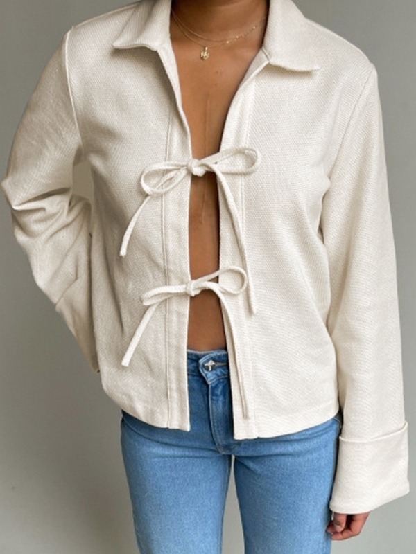 Solid Color Lace Up Cardigan Long Sleeve Blouse-1