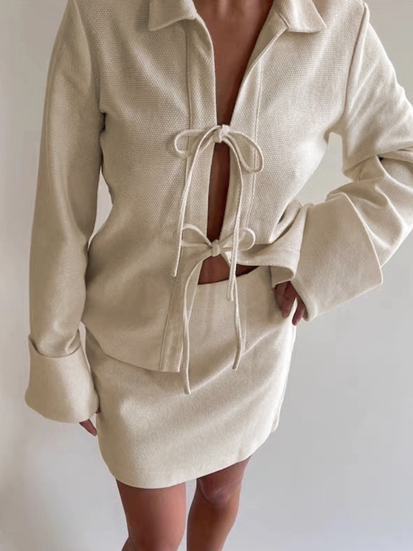 Solid Color Lace Up Cardigan Long Sleeve Blouse-3