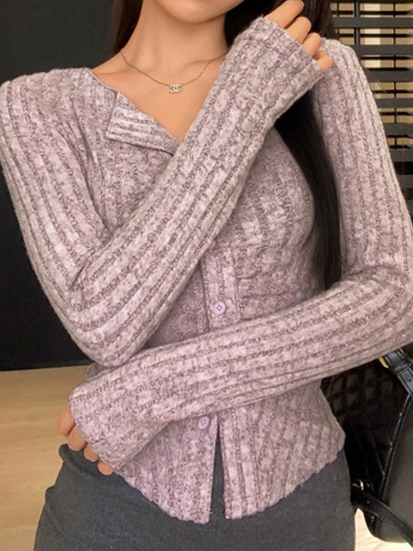Lapel Neck Ruched Slim Long Sleeve Knit-4