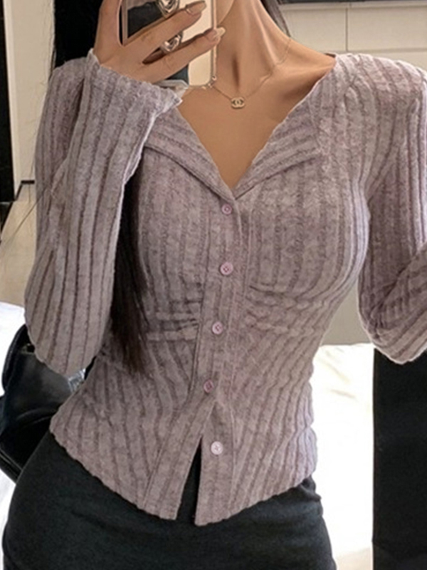 Lapel Neck Ruched Slim Long Sleeve Knit-5