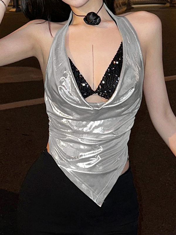 Metallic Sequin Halter Backless Tank Top-1
